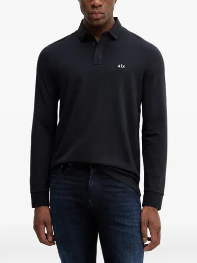 Armani Exchange Logo-embroidered Long-sleeve Polo Shirt In Black