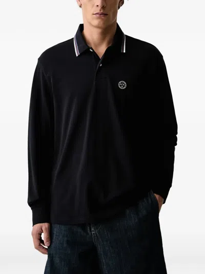 Armani Exchange Logo-patch Long-sleeve Polo Shirt In Black
