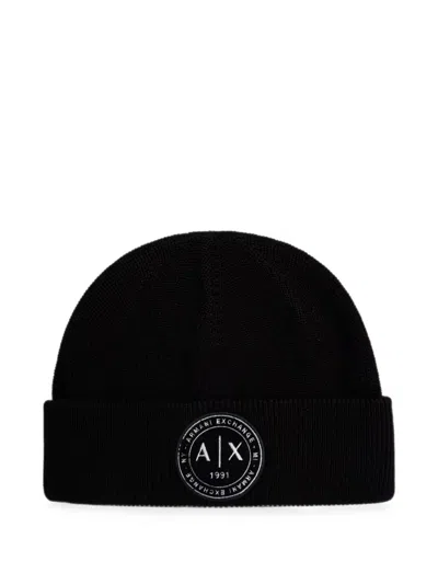Armani Exchange Logo-patch Ribbed Beanie Hat In Black