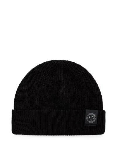 Armani Exchange Logo-patch Ribbed Beanie Hat In Black