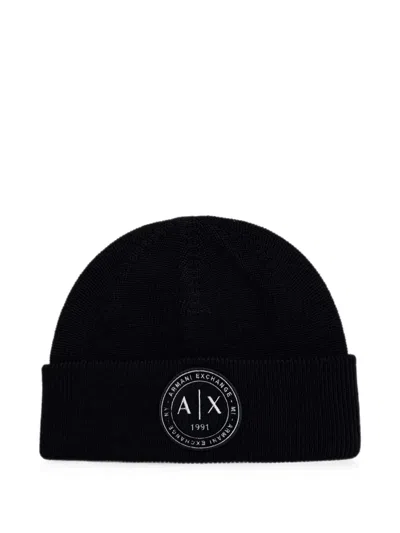 Armani Exchange Logo-patch Ribbed-knit Beanie Hat In Black
