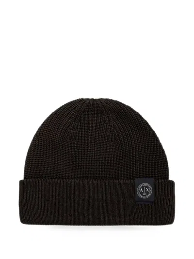 Armani Exchange Logo-patch Ribbed-knit Beanie Hat In Brown