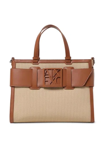 Armani Exchange Logo-plaque Raffia-effect Tote Bag In Brown