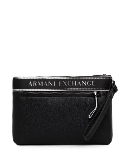 Armani Exchange Logo-print Pebbled-effect Clutch Bag In Black