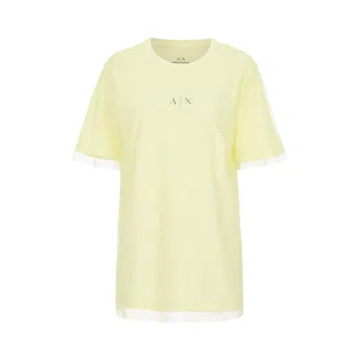 Armani Exchange 女士甜美淑女拼接网纱刺绣logo短袖t恤 In Yellow