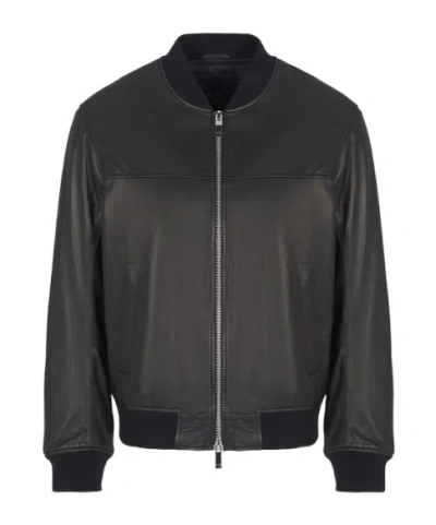 Armani Exchange Leather Bomber Jacket In Black