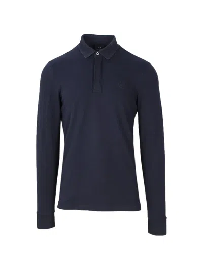 Armani Exchange Long-sleeve Logo-embroidered Polo Shirt In Blue