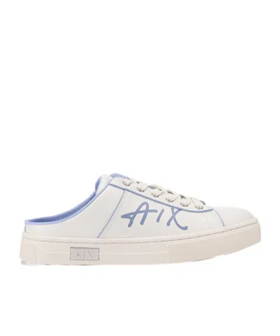 Armani Exchange Matching Color Logo With One Foot On Sports Shoes In White
