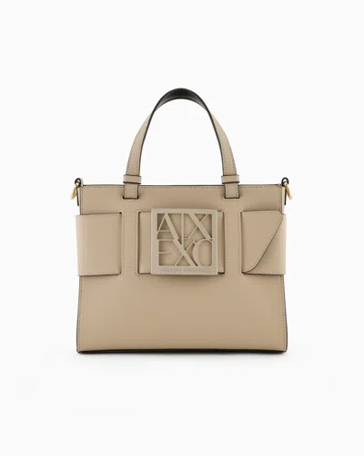 Armani Exchange Medium Tote Bag With Double Handles And Shoulder Strap In Beige