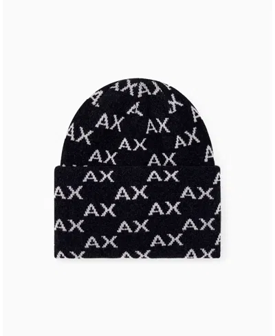 Armani Exchange Men's Viscose All Over Logo Beanie Hat In Black,alloy
