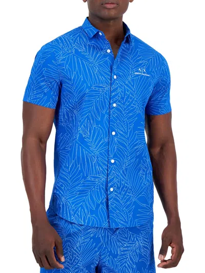 Armani Exchange Mens Collar Short Sleeve Button-down Shirt In Blue