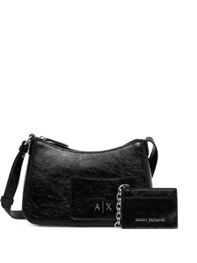 Armani Exchange Mini Logo-plaque Crinkled-finish Tote Bag In Black