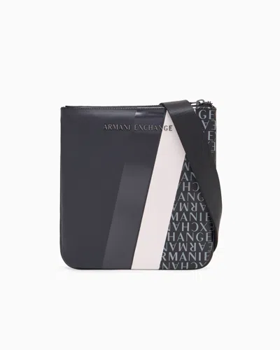 Armani Exchange Monogram And Stripe Flat Shoulder Bag In Navy Blue