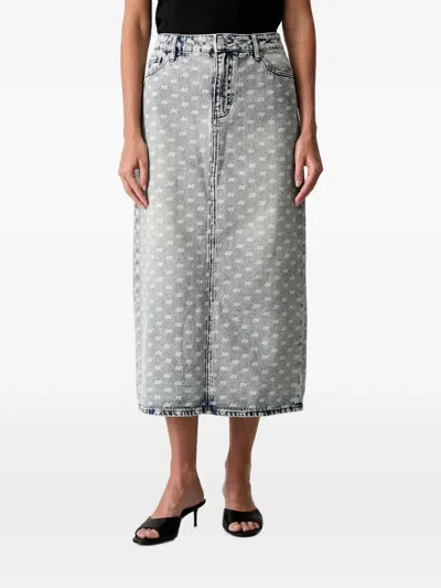 Armani Exchange Monogram-print Denim Midi Skirt In Blue