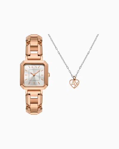 Armani Exchange Three-hand Rose Gold-tone Stainless Steel Watch And Necklace Set In Multicolore