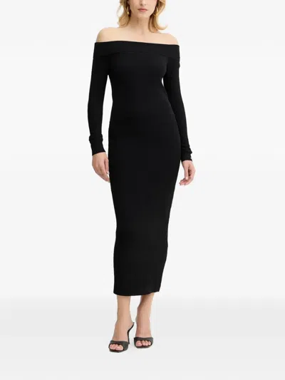 Armani Exchange Off-shoulder Long-sleeve Midi Dress In Black