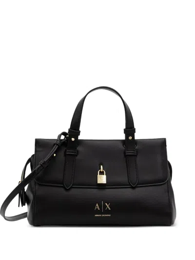 Armani Exchange Padlock-detail Logo-print Shoulder Bag In Black