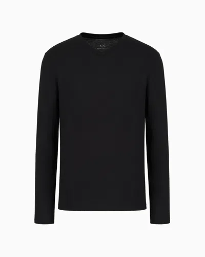 Armani Exchange Pima Cotton Long Sleeve V-neck T-shirt In Black