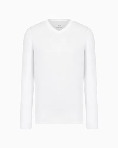 Armani Exchange Pima Cotton Long Sleeve V-neck T-shirt In White