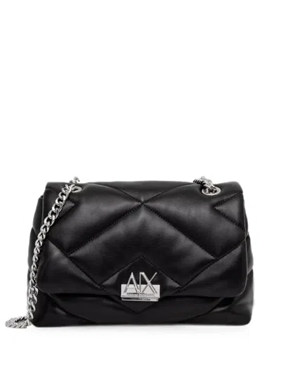 Armani Exchange Quilted Logo-plaque Shoulder Bag In Black