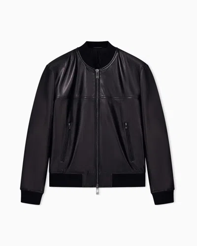 Armani Exchange Regular Fit Blouson Jacket In Leather With Rib Details In Black