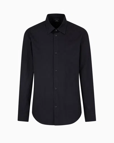 Armani Exchange Regular Fit Cotton Shirt With Allover Logo In Tone In Navy Blue