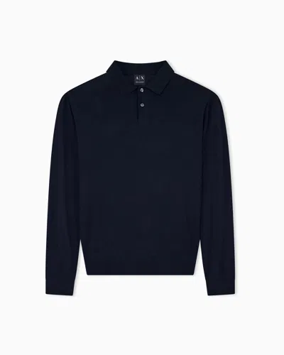 Armani Exchange Regular Fit Knit Polo In Lyocell Wool Mix In Blue