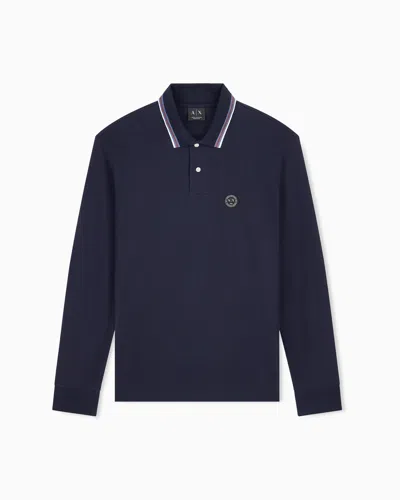 Armani Exchange Polo En Piqué De Coton À Manches Longues Et Col À Rayures In Blue