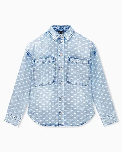 Armani Exchange Regular Fit Shirt In Rigid Denim With Allover Print In Blue