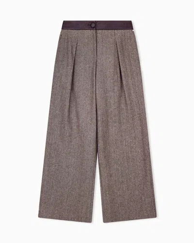 Armani Exchange Relaxed Fit Trouser In Herringbone Virgin Wool And Silk In Brown