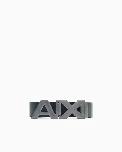 Armani Exchange Reversible Leather Belt With Satin Metal Logo Buckle In Blue
