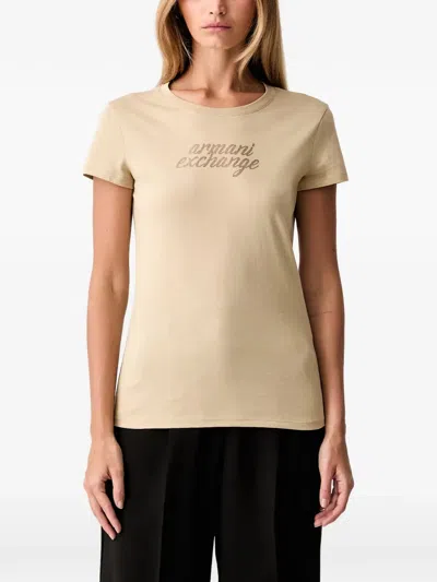 Armani Exchange Rhinestone-logo Slim-fit T-shirt In Neutral
