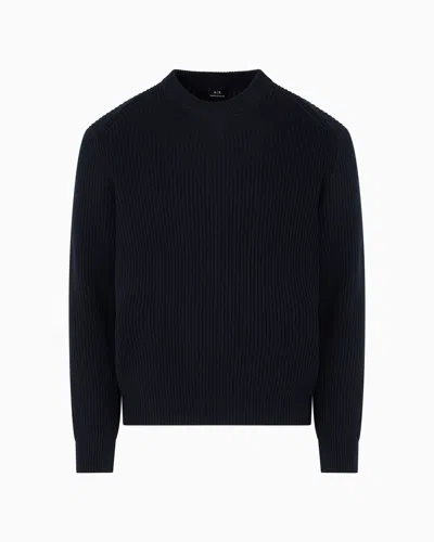 Armani Exchange Ribbed Cotton Crew Neck Sweater In Blue