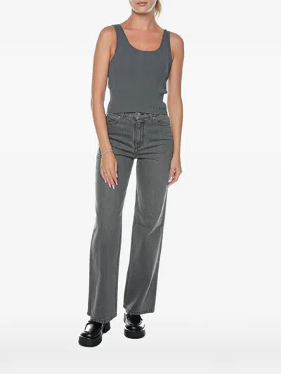 Armani Exchange Ribbed-knit Logo-embroidered Top In Gray