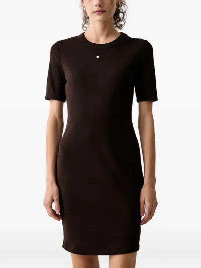 Armani Exchange Ribbed-knit Logo-plaque Mini Dress In Brown
