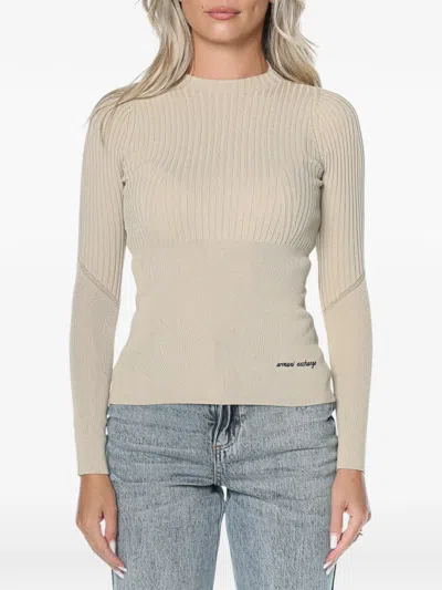 Armani Exchange Ribbed-knit Logo-print Sweater In Brown