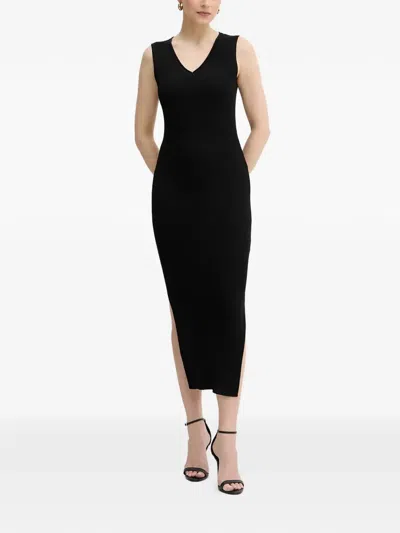 Armani Exchange Ribbed-knit V-neck Midi Dress In Black