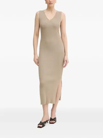 Armani Exchange Ribbed-knit V-neck Midi Dress In Neutral