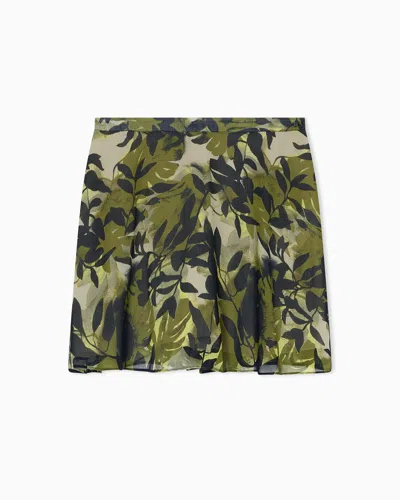 Armani Exchange Ruffle Mini Skirt In Printed Viscose Crinkle In Green