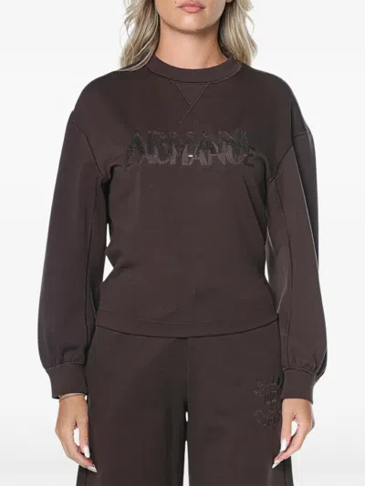 Armani Exchange Sequinned-logo V-stitch Sweatshirt In Brown