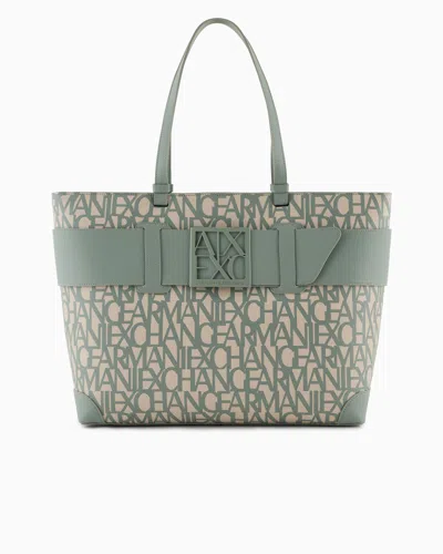 Armani Exchange Shopper Bag With Allover Contrasting Logo In Green