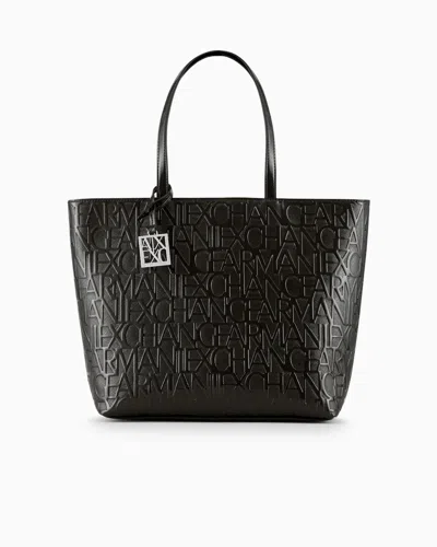 Armani Exchange Shopper With Zip And All-over Embossed Logo Lettering In Black