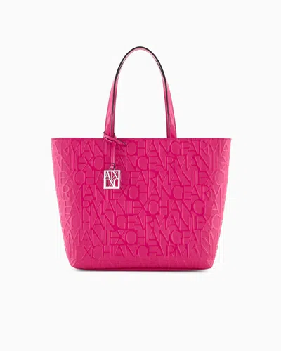Armani Exchange Shopper With Zip And All-over Embossed Logo Lettering In Fuchsia