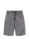 Armani Exchange Cotton And Linen Bermuda Shorts With Kaleidoscope Print In Black Denim Paisley