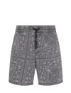 Armani Exchange Cotton And Linen Bermuda Shorts With Kaleidoscope Print In Black Denim Paisley
