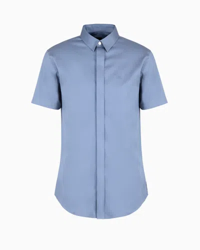Armani Exchange Slim Fit Short Sleeve Shirt In Stretch Satin In Light Blue