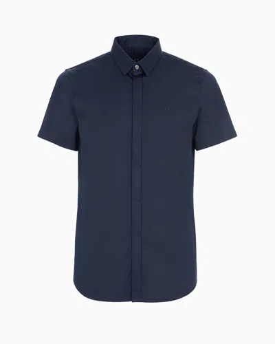 Armani Exchange Slim Fit Short Sleeve Shirt In Stretch Satin In Navy Blue