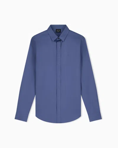 Armani Exchange Slim-fit Dress Shirt In Stretch Cotton Satin Essential In Blue
