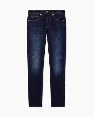 Armani Exchange Slim-fit Five-pocket Denim Jeans With A Leather Patch In Blue
