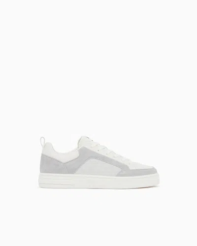 Armani Exchange Sneakers In Suede With All-over Logo And Rubber Sole In White